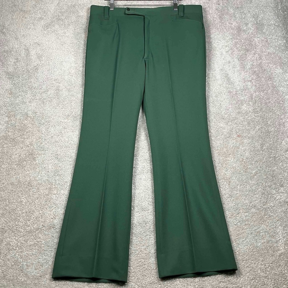Vintage 70s Dress Pants Mens Green Flare Leg Swift Zipper Retro Trousers Disco